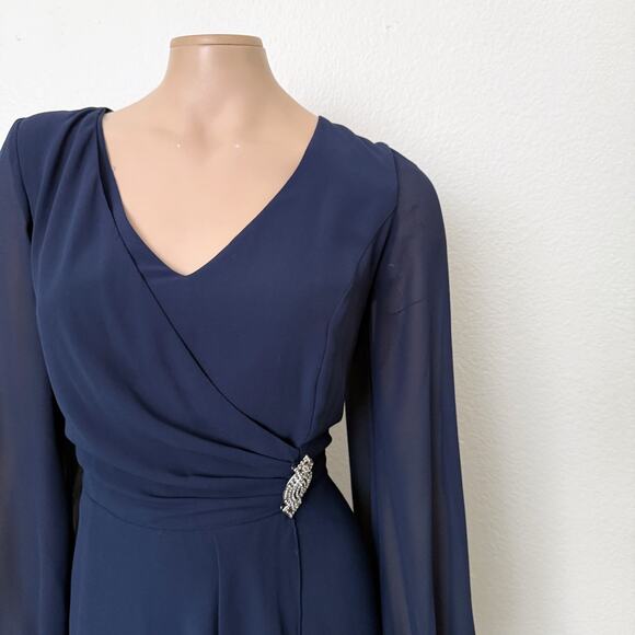 [Marina] Navy Blue Chiffon V-Neck Faux Wrap Brooch Balloon Sleeve Midi Dress 12 - Picture 8 of 11